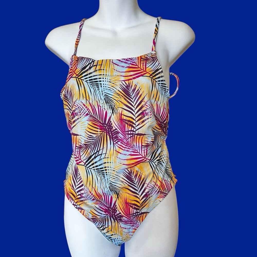 Aerie Swimsuit Open Back Tropical Rainbow Palm Fronds Size‎ Large Beach